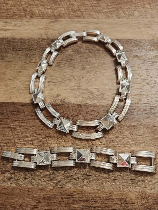 Jewelry - Silver-Tone Pyramid Link Necklace and Bracelet Set